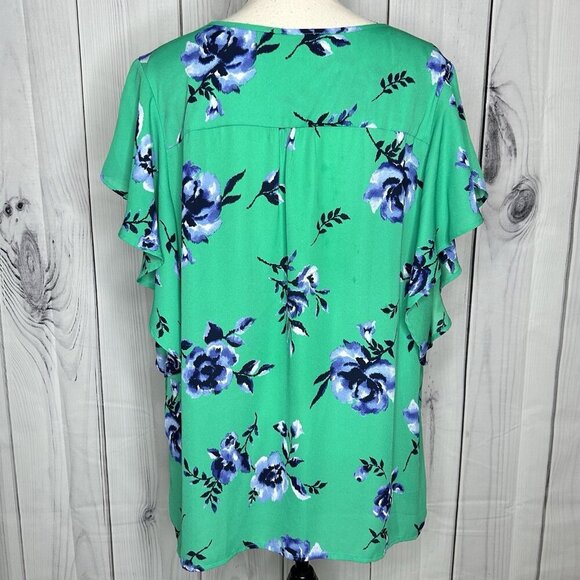 Counterparts Green Floral Blouse Sz XL Tie Front Flutter Sleeves Round Neck Top - Picture 6 of 9
